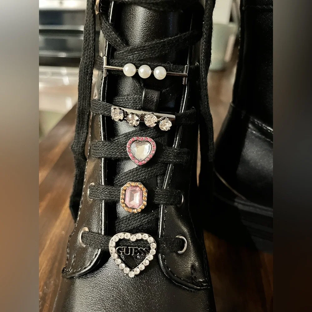 Guess Black Leather Embellished Combat Boots - Picture 3 of 8